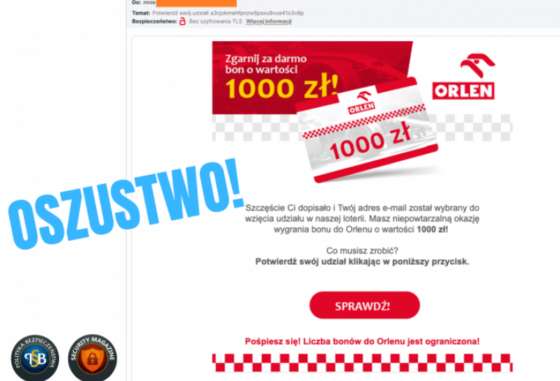 Uwaga! Akcja phishingowa. Orlen nie rozdaje bonów 1000 zł